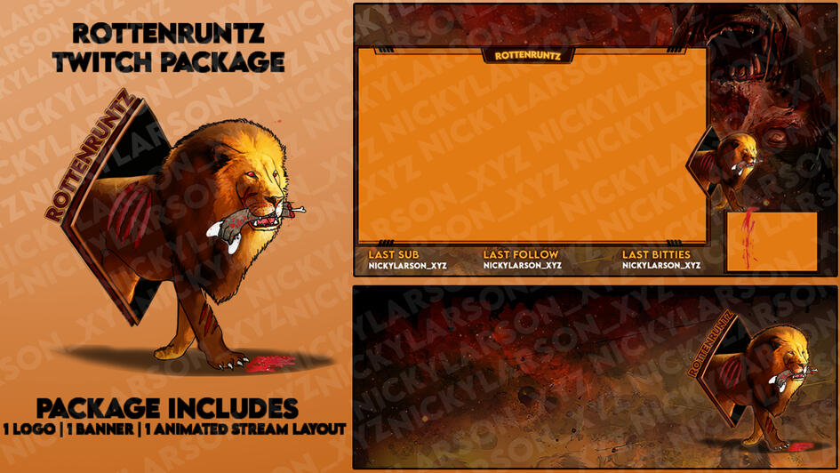 Rottenruntz Twitch Package package composed by 1 logo, 1 banner, 5 emotes, 1 overlay